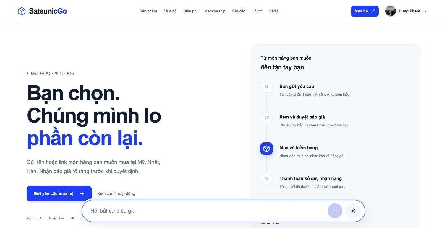 SatsunicGo homepage with the purchase assistance steps and Ask Anything bar.