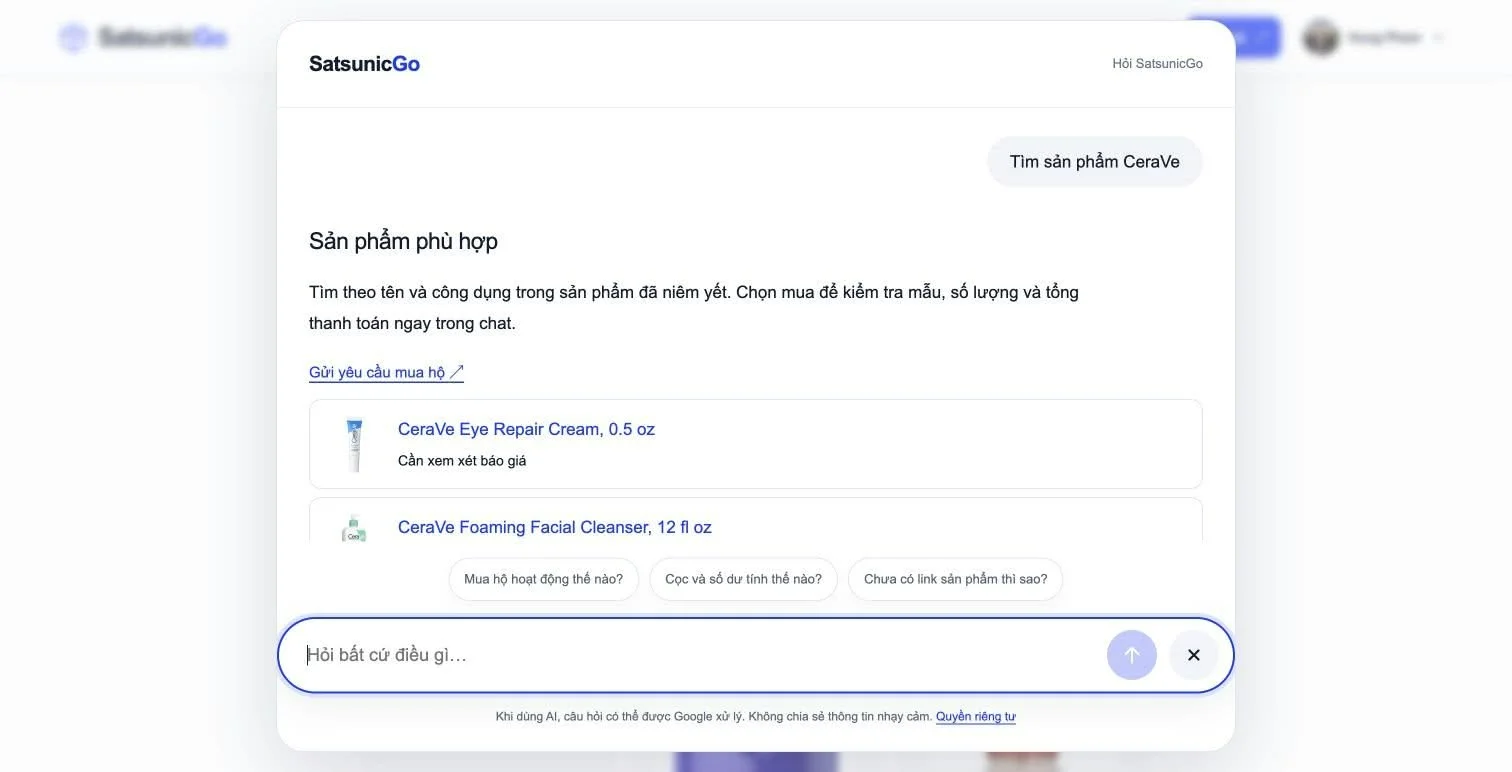 SatsunicGo Ask showing CeraVe product cards inside a conversation.